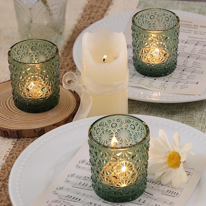 Green Votive Candle Holder Set of 12, Flower Tea Lights Candles Holders for Wedding Table Decor, Birthday Parties, Vintage Home Decor, Bridal Shower and Holiday Decorations