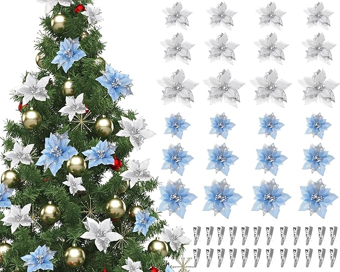 Boao 24 Pieces Christmas Artificial Glitter Poinsettia Flowers Xmas Flowers Wedding Christmas Tree New Year Ornaments (Sky Blue and Silver)