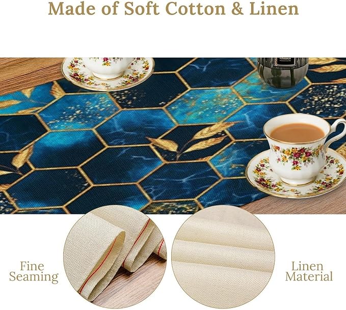 Sky Blue Honeycomb Table Runner Abstract Sea Blue Marble Hexagon Texture Golden Leaves Seasonal Dinner Runner Table Decoration for Farmhouse Home Kitchen Dining Holiday Party 13x36in