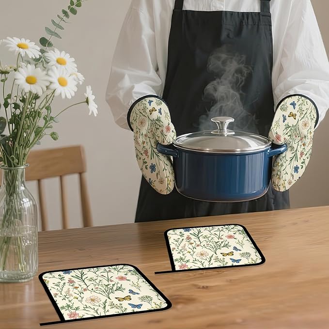 Wildflowers Oven Mitts and Pot Holders,Vintage Garden Plants Herb Flower Botanical Heat Resistant Oven Mitts Gloves and Pot Holder for Home Kitchen Decorations Cooking Baking BBQ Gifts,Set of 4
