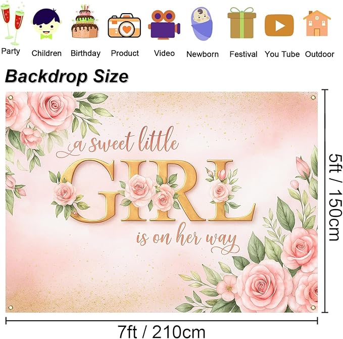7x5ft Pink Floral Girl Baby Shower Decorations, A Sweet Little Girl is on Her Way Baby Shower Party Backdrop, Photography Background Banner for Gender Reveal, Maternity Photo Booth