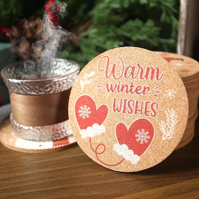 HANSGO 12PCS Christmas Cork Coasters, Cork Cup Mat Xmas Wooden Coasters for Drinks Xmas Party Home Kitchen Table