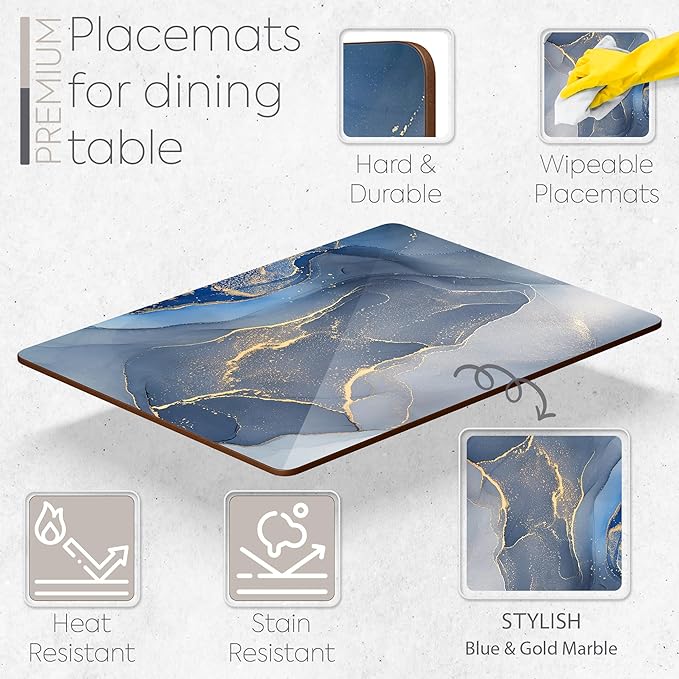 Set of 4 Heat Resistant Cork Placemats for Dining Table with Free Set of 4 Matching Drink Coasters Marble Design 16 x 12 Inches Cork Backed Hard Placemats (Blue & Gold)
