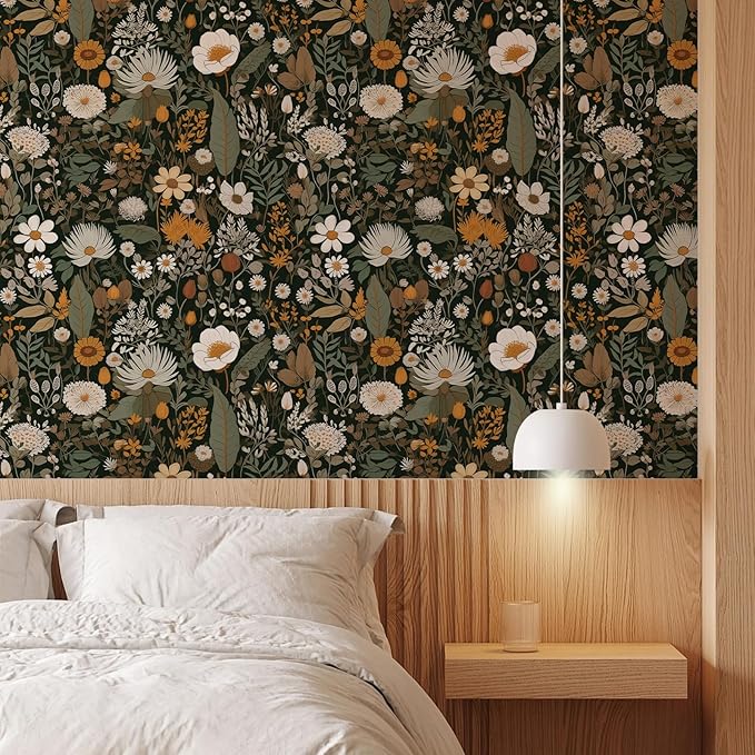 Peel & Stick Wallpaper: Floral Bedroom Wallpaper 17.71x118.1Inch Vintage Boho Wild Flower Daisy Removable Watercolor Multicolor
