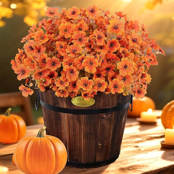 Fall Artificial Flowers for Outdoors Fake Mums for Outside 12 Bundles Faux Silk Orange Dasiy Flower Look Real UV Resistant No Fade Faux Fall Flowers for Front Door Porch Autumn Decoration