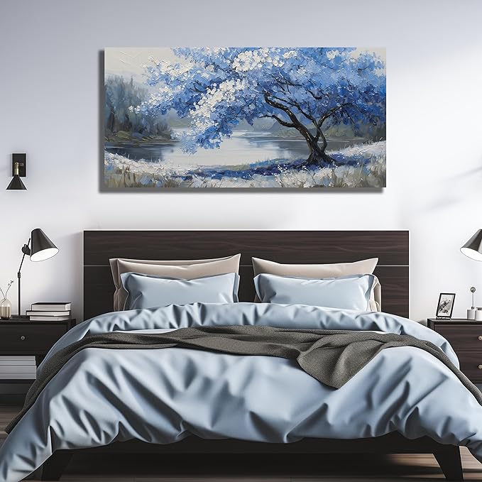 JuhaiArt Scenery Picture Wall Decorations Large Tree Wall Art Blue Canvas Wall Art for Living Room Bedroom Office White Poster 29"x 59"