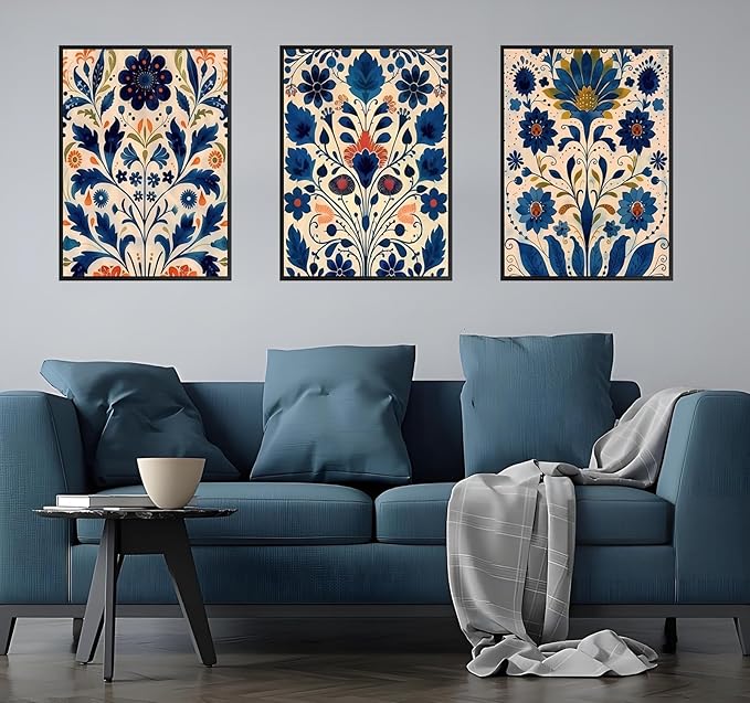 3 Pcs Blue Boho Flower Canvas Wall Art, Floral Painting Poster Wall Decor,Wildflower Botanical Picture for Wall Living Room Bathroom Bedroom Home Decoration 12 * 16 in (Poster no Framed)