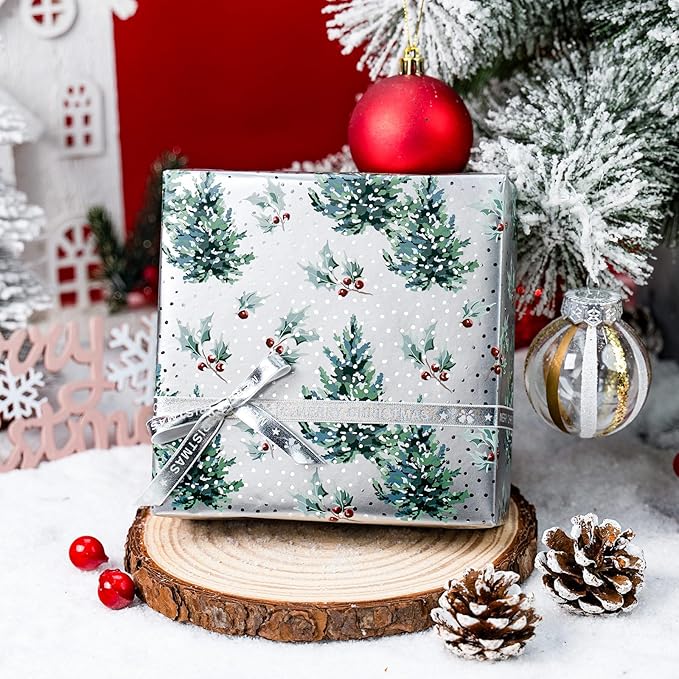 MAYPLUSS Christmas Wrapping Paper Roll - 17 Inch X 33 Feet - Metallic Gift Wrapping Paper Christmas Tree Holly Reversible Red for Holiday Party New Year Kids
