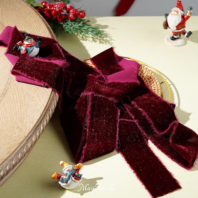 MAYREEL Burgundy Velvet Ribbon 2 Inch Hand Torn Maroon Frayed Edge Silk Ribbon for Bridal Bouquets Invitations Wedding Vow Books Gift Baskets Hair Bows 3 Yards