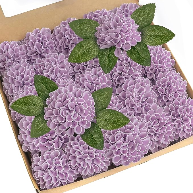 Artificial Flowers, 50pcs Realistic Artificial Rose for DIY Wedding Bouquets Centerpieces Arrangements, Purple Dahlia Flowers with Stem for Bridal Shower Party Home Decorations