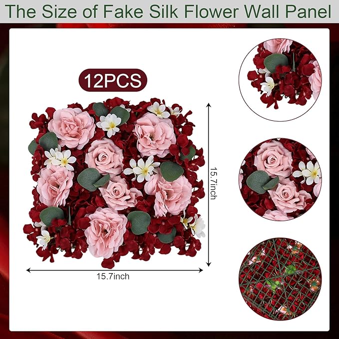 Pack of 12 Artificial Silk Flower Panels, Faux Floral Wall Background for Wedding Party Engagement Bridal Shower Arrangement Home Decorations - Burgundy & Dusty Pink