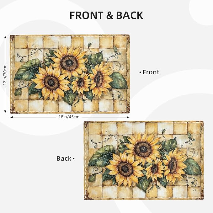 Farmhouse Sunflower Placemats Set of 6, Country Flowers Place Mats, Rustic Yellow Check Dining Table Mats, Washable Placemats for Kitchen Dining Room Home Decor 18L'' × 12W''