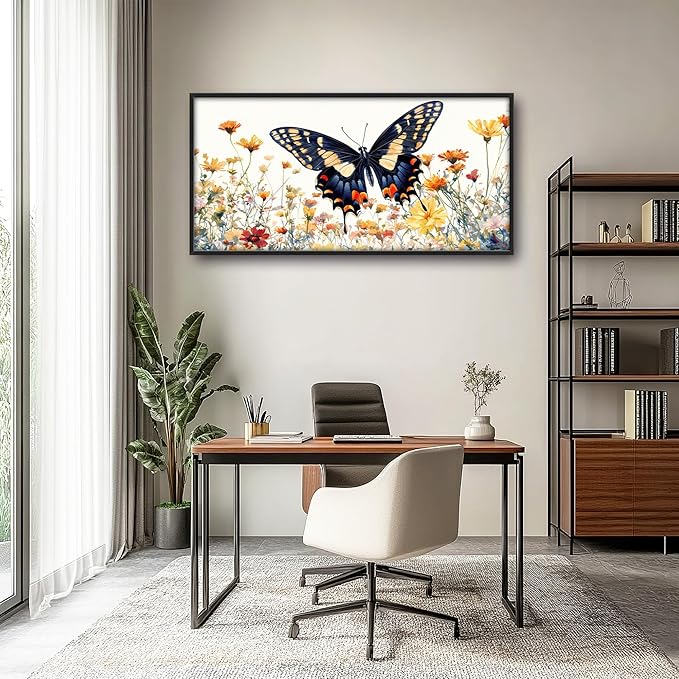 Framed Large Pictures Wall Art for Living Room, Butterfly Oversized Wall Decor Colorful Butterfly Floral Canvas Print Painting Modern Extra Large Framed Artwork for Bedroom Office 60"x30"