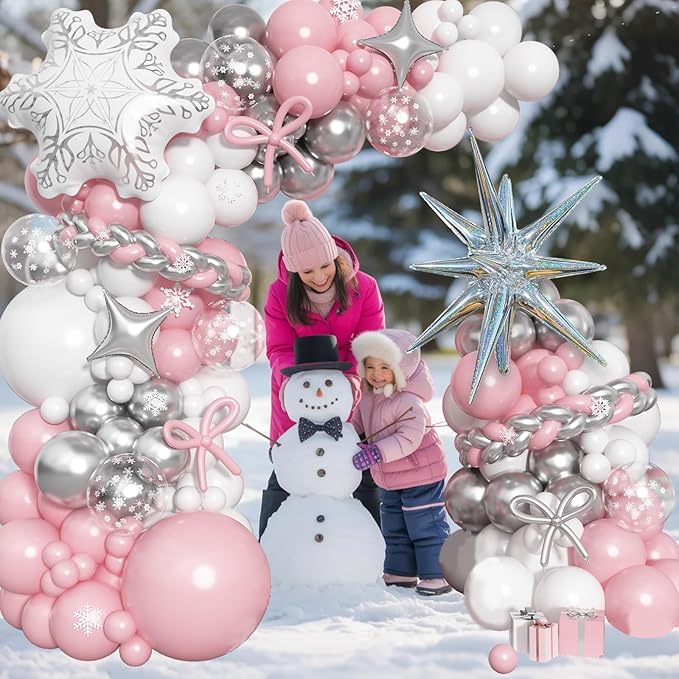 Pink Winter Wonderland Balloon Arch Garland Kit, Pink White Metallic Silver Balloons with Snowflake Star Foil Balloons for Winter Christmas Baby Its Cold Outside Baby Shower Birthday Party Decorations