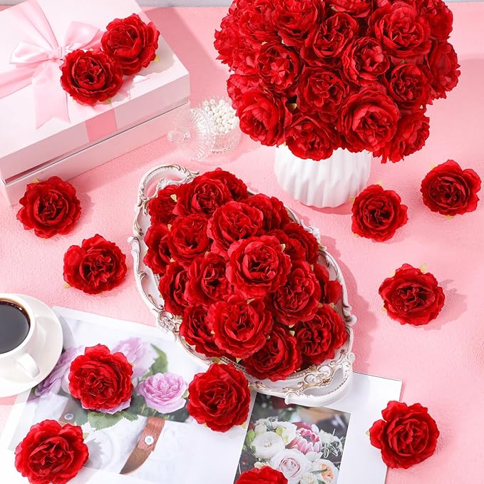 200 Pcs Flowers Long Stem Artificial Rose Bulk, 3.2 Inches Silk Rose Head Flowers Faux for Wedding Bridal Bouquet Independence Day Home Floral DIY Centerpieces Party Decoration(Red)