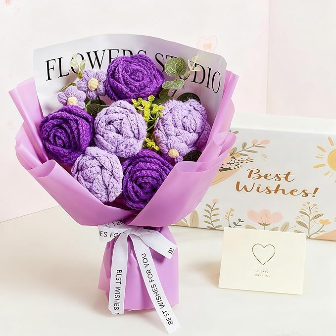 Purple Crochet Flower Bouquet, Purple Knitted Flowers Rose Crochet Bouquet Handmade for Wedding, Anniversary, Christmas, Graduation Crochet Gifts for Women (Includes Card)
