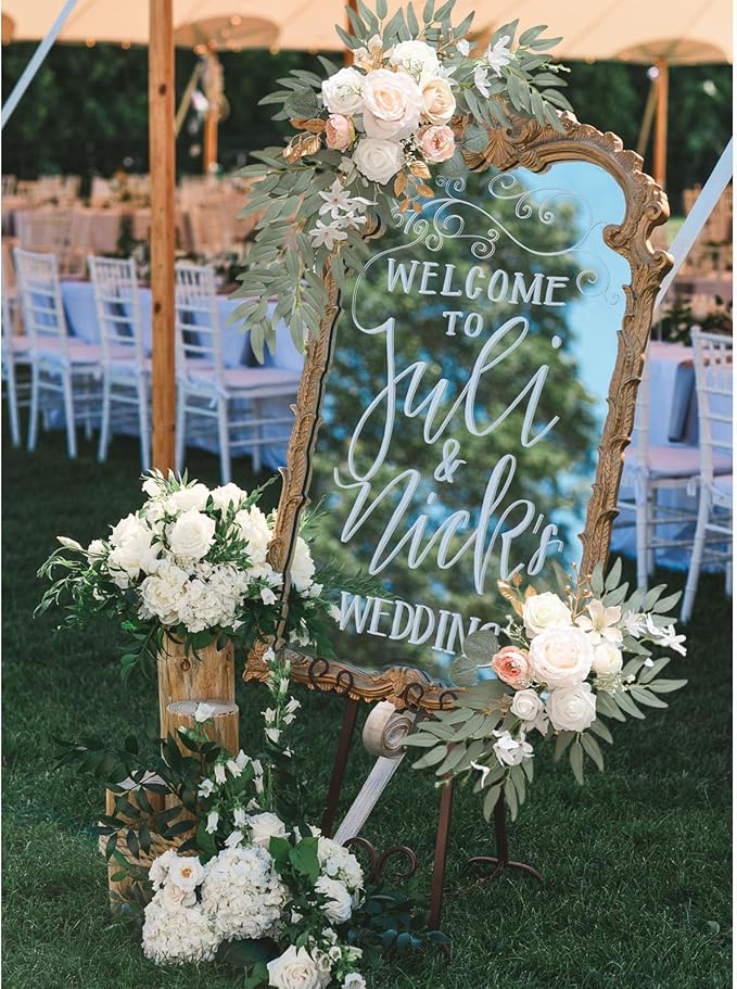 Faux Flower Swag Set of 2, Champagne Artificial Flowers Swags for Wedding Arch, Wedding Welcome Signs, Welcome Reception Ceremony Signs Decorations
