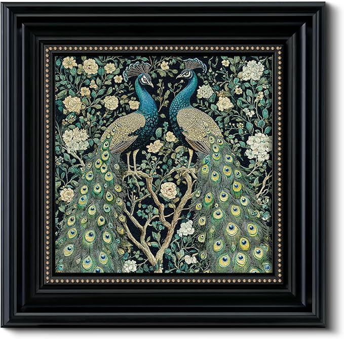 3D Textured Framed Peacock Wall Art 16x16 Vintage Floral Botanical Decor Sandstone Surface, Victorian Antique Bird Painting Black Frame Gold Dot Accents, Classic Peacock Artwork Home Shop Decor