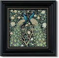 3D Textured Framed Peacock Wall Art 16x16 Vintage Floral Botanical Decor Sandstone Surface, Victorian Antique Bird Painting Black Frame Gold Dot Accents, Classic Peacock Artwork Home Shop Decor