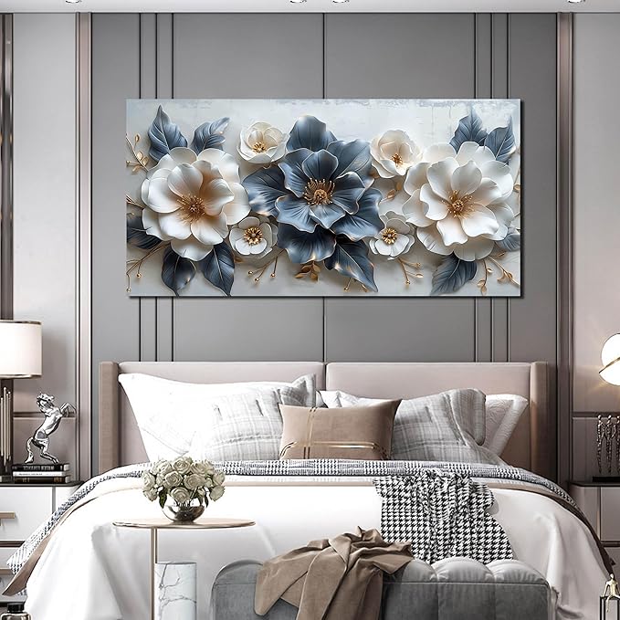 Flower Canvas Wall Art for Office Blue and White All Decor for Bedroom Women Big Wall Art for Living Room Modern Size 29" x 58"