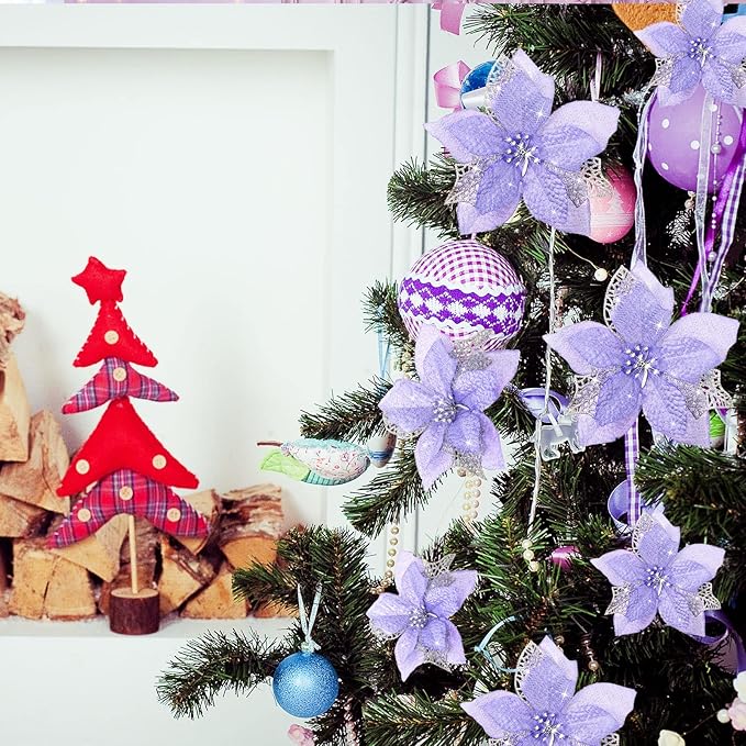 WILLBOND 36 Pieces Christmas Poinsettia Glitter Faux Flowers Christmas Artificial Flowers Tree Ornaments Topper Xmas Decorations(Purple)