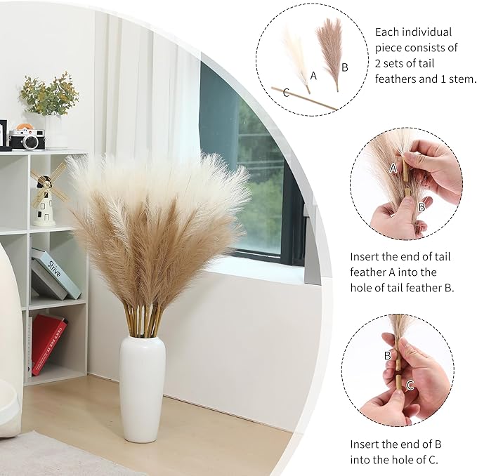 9 Stems Faux Pampas Grass - 38 Inch Long Fluffy Pompous Grass Bulk, Big Artificial Pompas Floral for Baby Shower Decoration, Wedding Centerpieces and Boho Home Decor (Beige & Taupe)