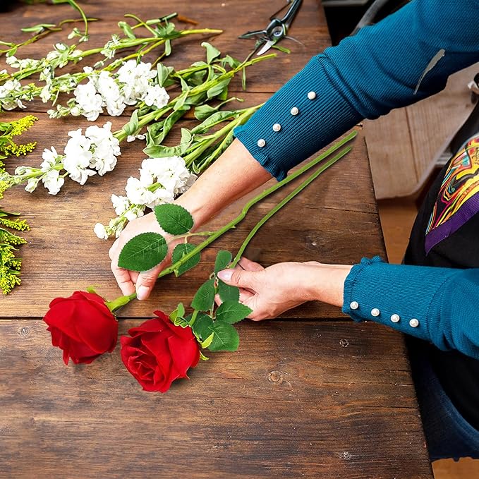 Red Artificial Roses with Long Stems, 12Pcs Realistic Roses Artificial Flowers, Faux Roses | Bulk Fake Flowers for Home Decor, Wedding Party Table Centerpieces, DIY Bouquet