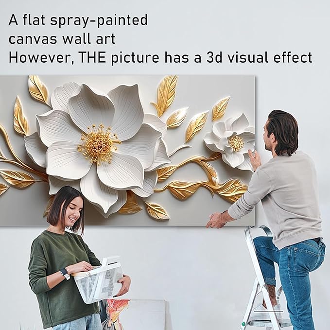 Canvas Wall Art for Living Room Bedroom Office White and Gold Flower Artwork Large Botanical Floral Wall Art Framed Wall Decor Modern Canvas Prints 20x40 In