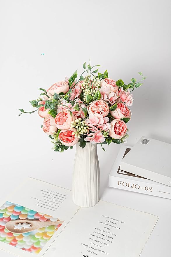 KAOYOO 2 PCS Artificial Peony Bouquet Short Stem for DIY Wedding Decoration Bridal Bouquet Home Decorations(Pink 2-PCS)
