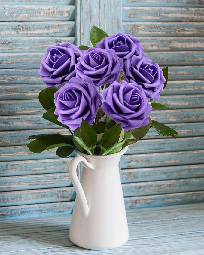 JOYLEX Artificial Flowers Realistic Roses, Real Looking Fake Roses with Stem for DIY Wedding Bouquets Centerpieces Bridal Shower Party Home Romantic Decorations (Dark Purple, Regular 3" - 200pcs)