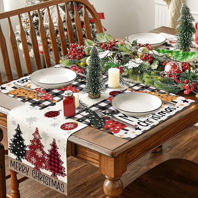 Christmas Tree Placemats Set of 4,Merry Christmas 12x18 Inch Non-Slip Washable Heat Resistant Linen Fabric Table Mats,Place Mats for Holiday Party