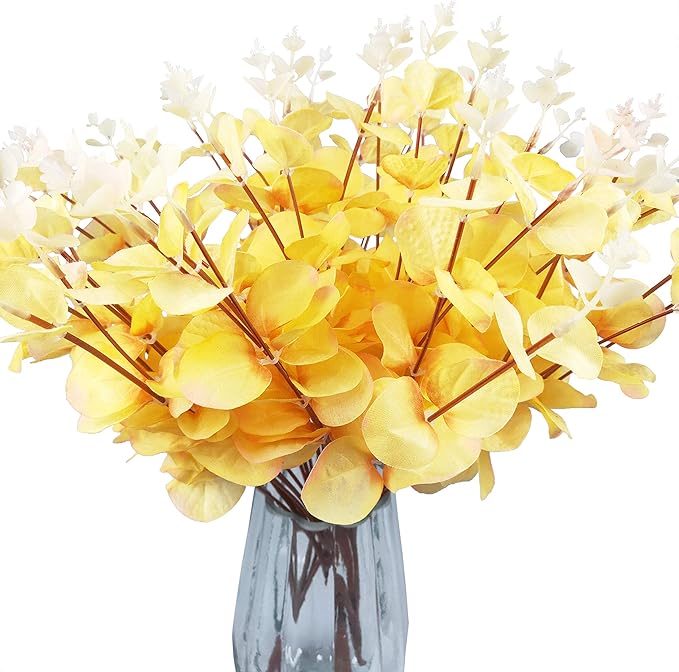 19" Faux Flowers Artificial Silk Silver Dollar Eucalyptus Stems Fake Plant for Vase Home Wedding Decor 3 Pcs (Yellow)
