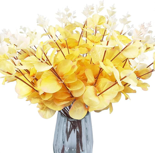 19" Faux Flowers Artificial Silk Silver Dollar Eucalyptus Stems Fake Plant for Vase Home Wedding Decor 3 Pcs (Yellow)