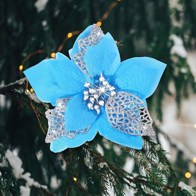 WILLBOND 36 Pieces Christmas Poinsettia Glitter Faux Flowers Christmas Artificial Flowers Tree Ornaments Topper Xmas Decorations(Lake Blue)