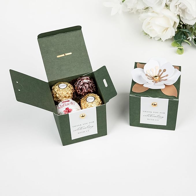 FEIYI 20 PCS Candy Boxes, 3 In 1 Olive Green Favor Boxes with Floral Decor, White Thank You Tags Gift wrapping for Wedding Birthday Baby Shower Decorations Party -2.55x2.55x2.55''
