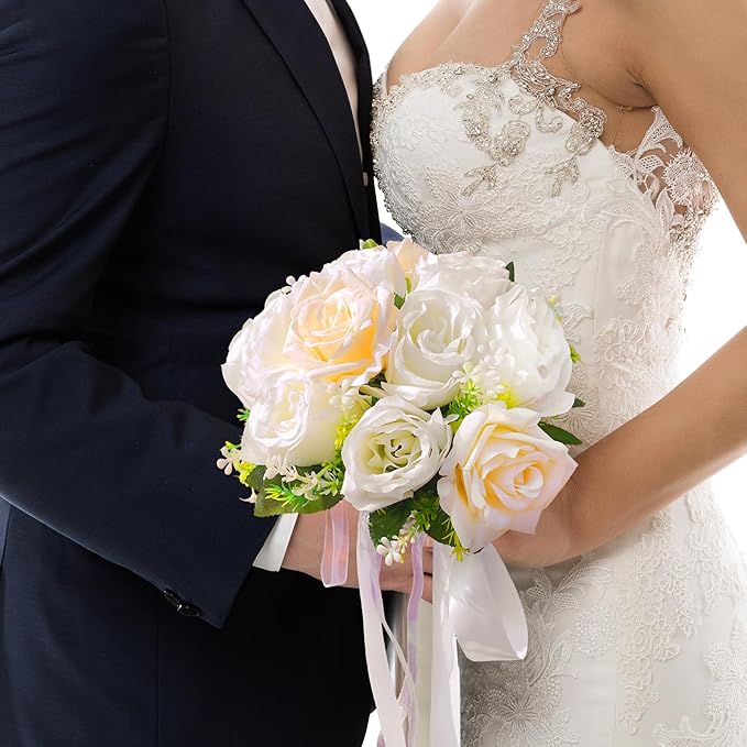Wedding Bouquets for Bride - Realistic Silk Flowers Artificial Roses, 8 Inch Bridesmaid Bouquet for Ceremony, Church, Anniversary, and Home Decoration (White & Champagne)