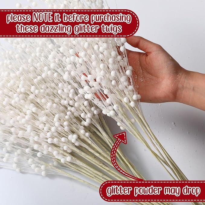 Geosar 30 Pcs Christmas Artificial Glitter Berry Stem Decorations 17 Inch Faux Stick Floral Pick Centerpiece Bouquet Flower Bead Twigs for Centerpiece Tree Wreath Xmas Ornaments Home(White)