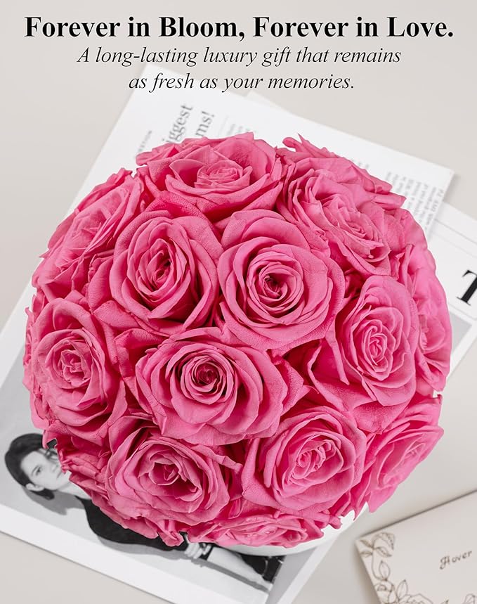 Preserved Roses Dome in a Box, Forever Real Roses Decor, Eternal Flowers for Delivery Prime, Best Gifts Birthday, Wedding, Anniversary, Mother's Day, Christmas for Her, 18-Pieces (Pink)