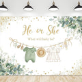 Riyidecor Green Gender Reveal Backdrop He or She What Will Baby Be 7Wx5H Feet Boho Sage Eucalyptus Watercolor Leaves Gold Dots Photography Background Baby Shower Photo Studio Shoot Polyester Fabric