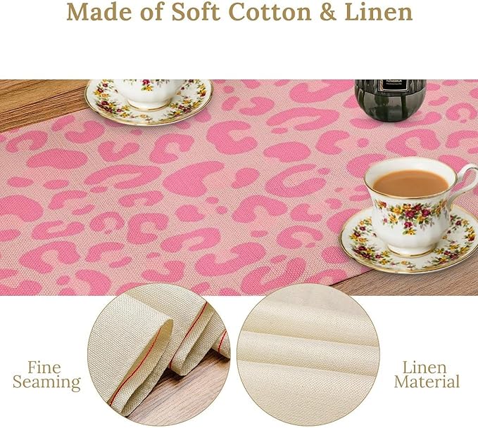 Pink Leopard Print Table Runner, Vintage Animal Skin Farmhouse Cottage Country Western Wildlife Safari Dinner Runner for Kitchen Dining Table Party Holiday Decor 13x60in