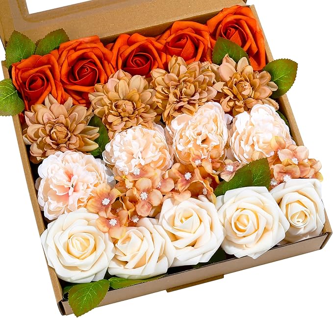 SITUMEIZI Roses Artificial Flowers Combo Orange Flowers Mix Silk Foam Flowers Peony Dahlia with Stems for DIY Bridal Wedding Bouquet Baby Shower Party Home Decor Floral Arrangements 27pcs