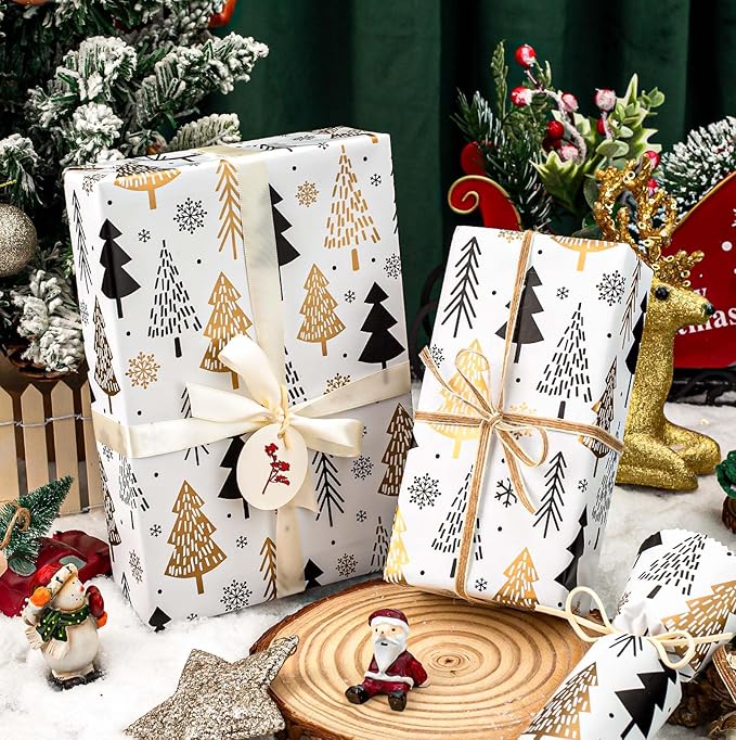MAYPLUSS Christmas Trees Wrapping Paper - 17 Inch X 33 Feet - Minimalistic Elegant Christmas Trees with Gold Design Winter Holiday Gift Wrap Sheet for Party, DIY Crafts & Festive Decoration