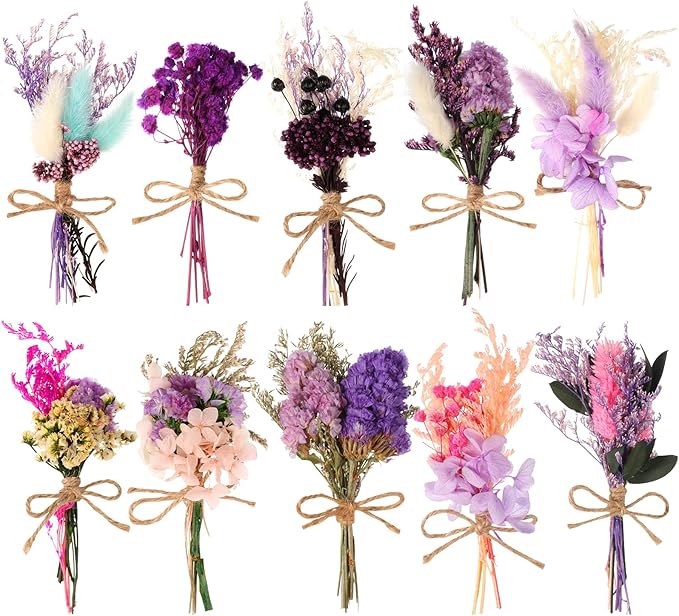 VAIPI 10 Pack Dried Flowers Bouquet Purple Dried Flower with Stem Real Natural Mini Dry Flower Bundles Spring Wildflowers Floral Arrangement for Vase Crafts DlY Wedding Home Decor (Purple Series)
