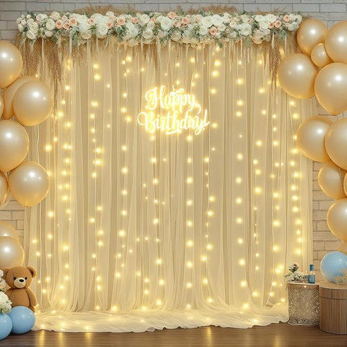 10ft x 8ft Champagne Sheer Tulle Backdrop Curtains with Lights String Wedding Backdrop for Reception Ceremony Birthday Party Baby Shower Photo Booth Background Decoration