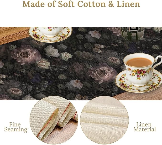 Gothic Floral Table Runner, Vintage Garden Flower Black Witchy Farmhouse Coffee Table Center Decor for Home Kitchen Dining Patio Holiday Party Table Decorations 13x72 inches