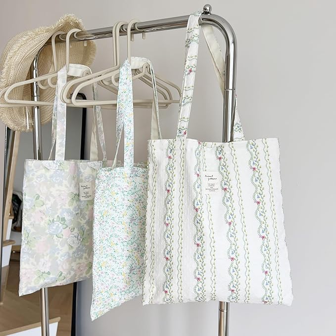 Cotton Canvas Tote Bag Reusable Soft Grocery Cloth Bag Floral Shoulder Bag for Beach Travel Shopping