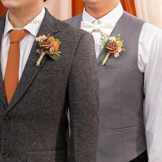 TINGE TIME Boutonniere for Men, Groom and Best Man Boutonniere for Wedding Ceremony Anniversary, Formal Dinner Party and Rustic Fall Wedding Marriage (Terracotta)