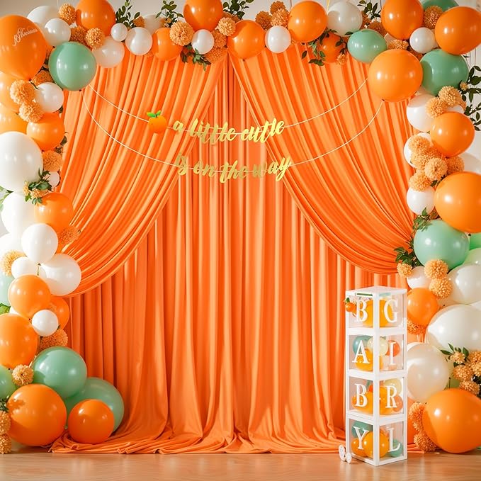Orange Backdrop Curtains - 6 Panel Wrinkle-Free Polyester Photography Drapes for Baby Shower & Birthday Party - 24 X 10FT