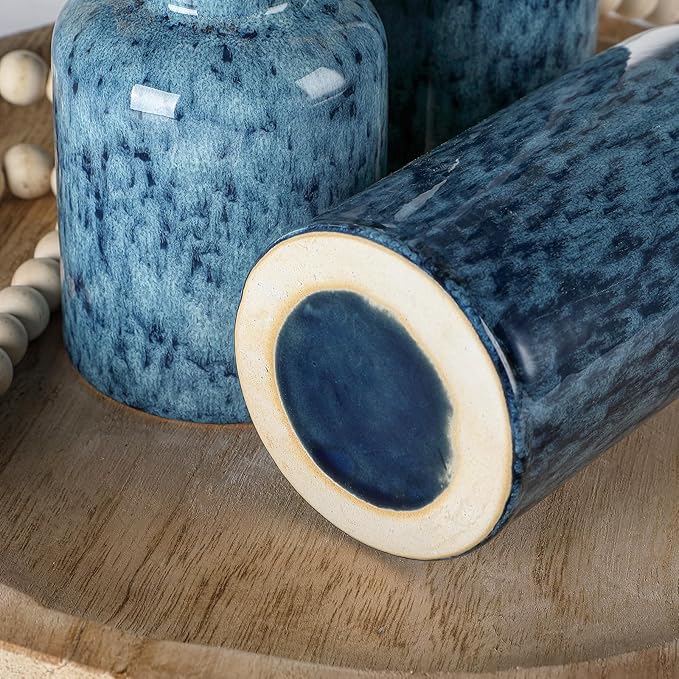 CWLWGO-Blue Ceramic Vase Set, Farmhouse Country Blue Vases for Home Decor, Vases for Your Kitchen Living Room Table Decoration, Shelf Centerpiece and Entrance Decorations.