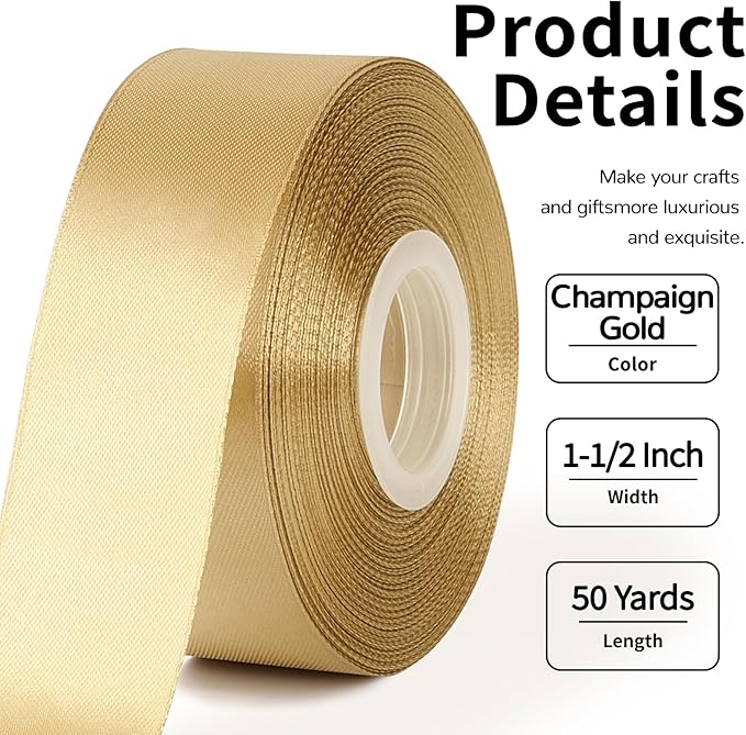 1-1/2 Inch Wide Champaign Gold Satin Ribbon, 50 Yards Solid Polyester Fabric Ribbon for Roses Making, Gift Wrapping, Christmas, Wedding Decorations, Crafts, Bows